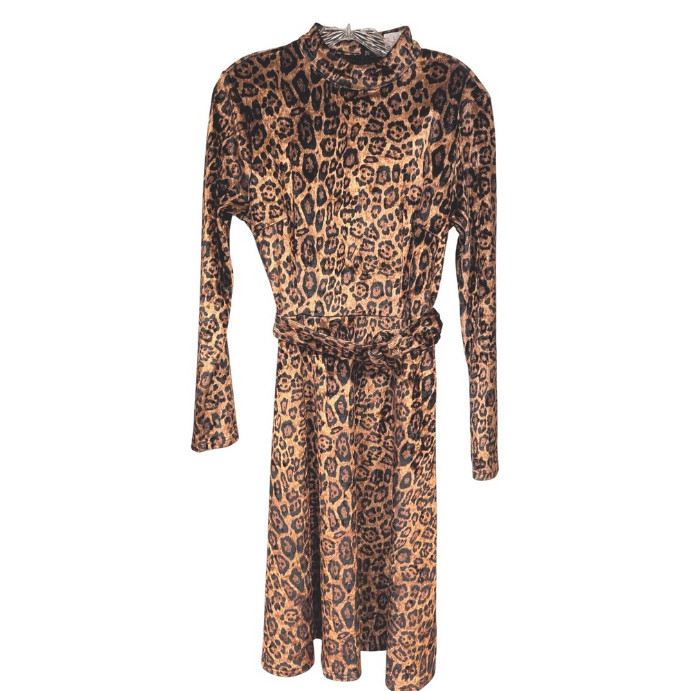 Deela Leopard Print Velvet Midi Dress M Brown Mock Neck Belted Mob Wife Retro